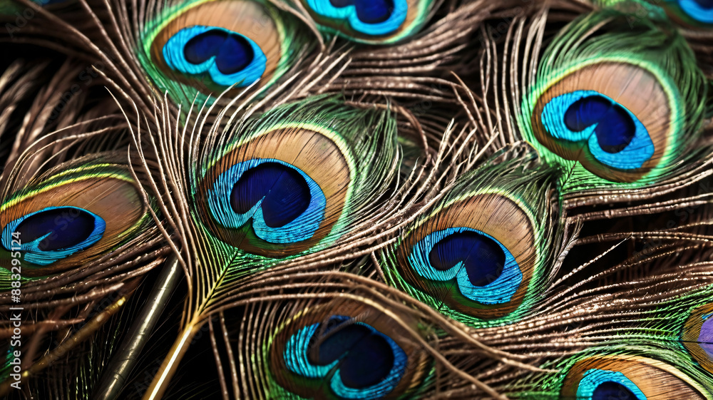 Obraz premium Colorful peacock feathers, glowing peacock feathers. Macro