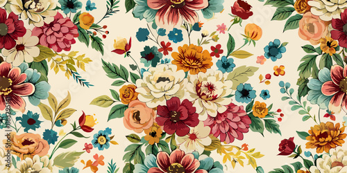 a whimsical floral pattern, vibrant colors, antique style, mixed flowers like roses, daisies, and chrysanthemums, ornate details, seamless repeating design, vintage botanical illustration
