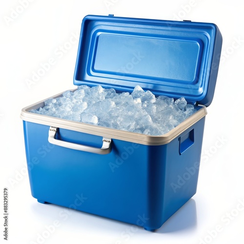 Blue Portable Cooler with Ice Cubes - A blue portable cooler filled with ice cubes, designed for keeping food and drinks chilled during outdoor activities, picnics, or travel. photo