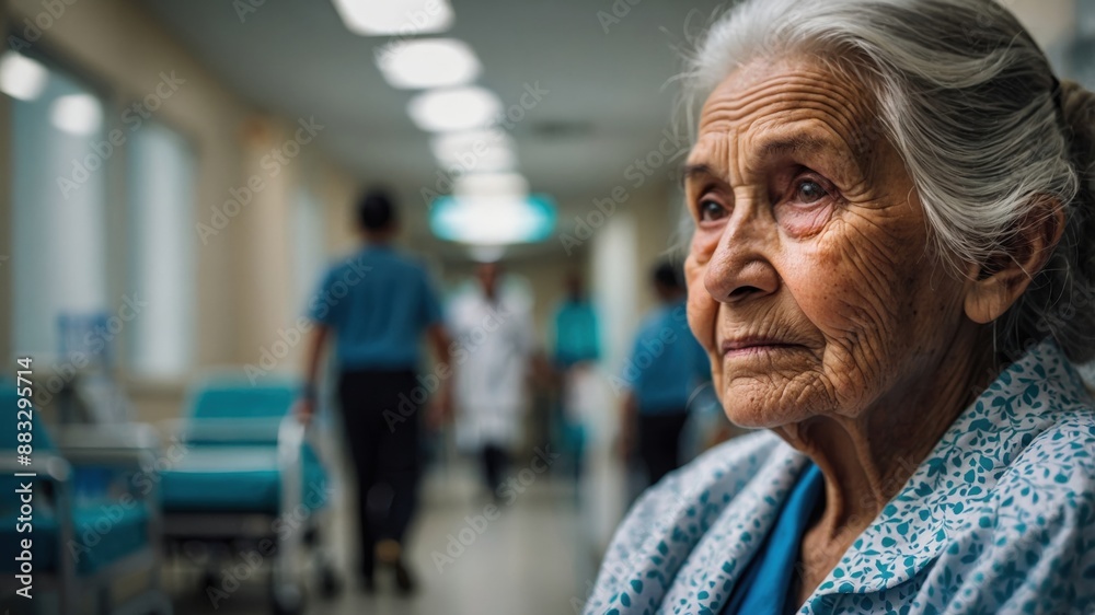 An elderly woman with a pensive look sits in a hospital hallway, surrounded by medical staff and equipment.
An elderly woman with a pensive look sits in a hospital hallway, surrounded by medical staff and equipment.