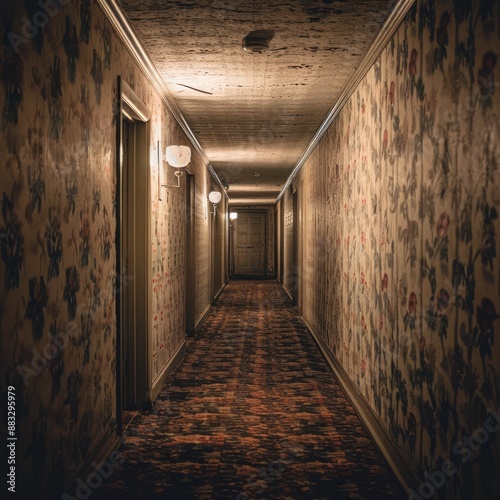 A long hallway with floral wallpaper and a red carpet © PuiZera