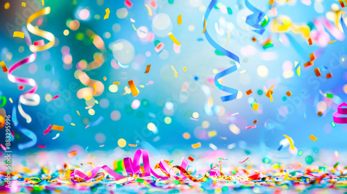 Holiday backdrop with Colorful confetti and streamers cascading against a bright, festive background, creating a lively party atmosphere. Empty holiday scene for montage your products. Mockup