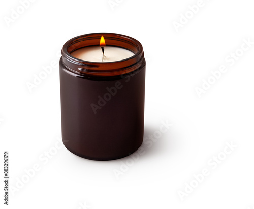 lit candle in brown jar with shadow isolated on transparent background