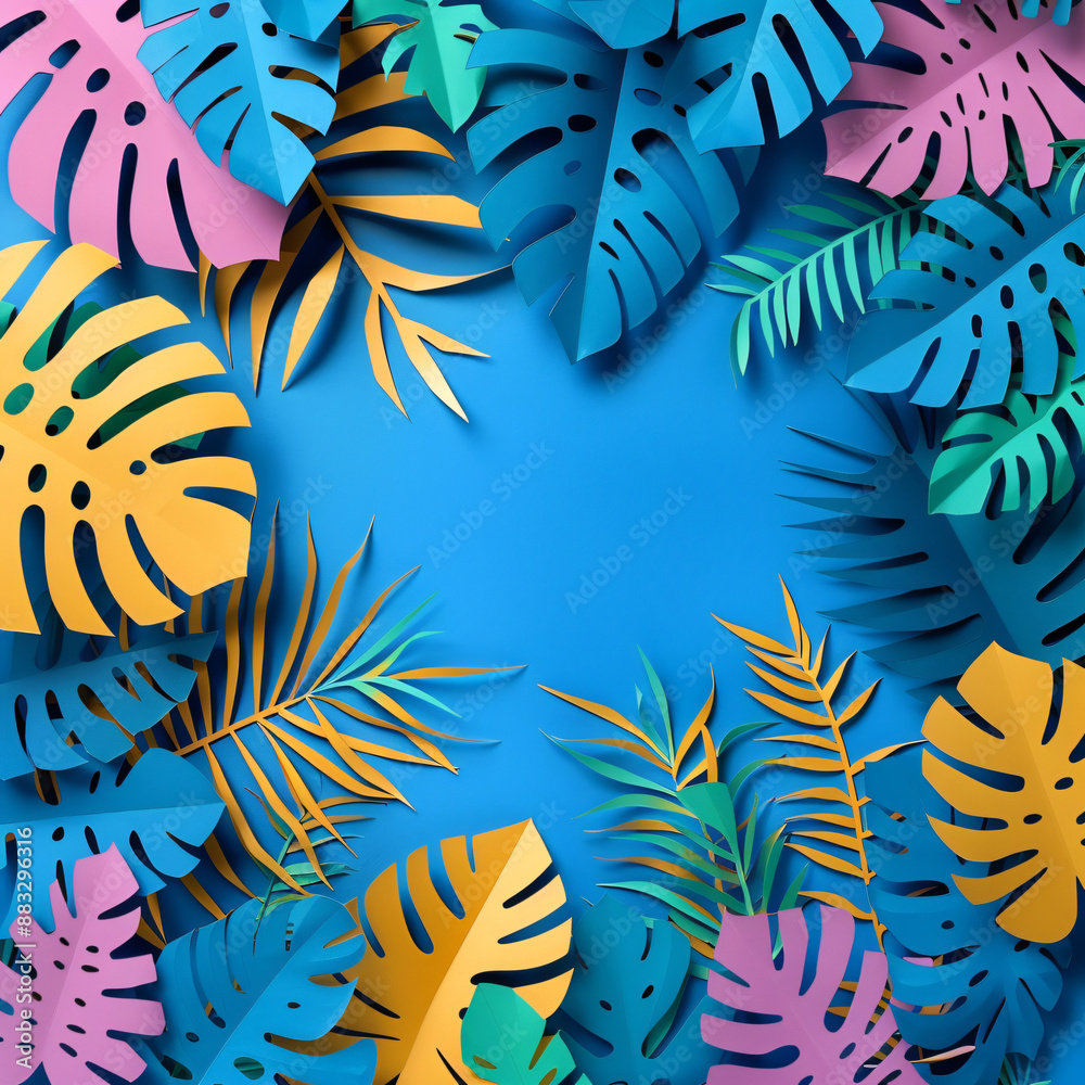 paper cut tropical leaves and plants on blue background, colorful Job ID