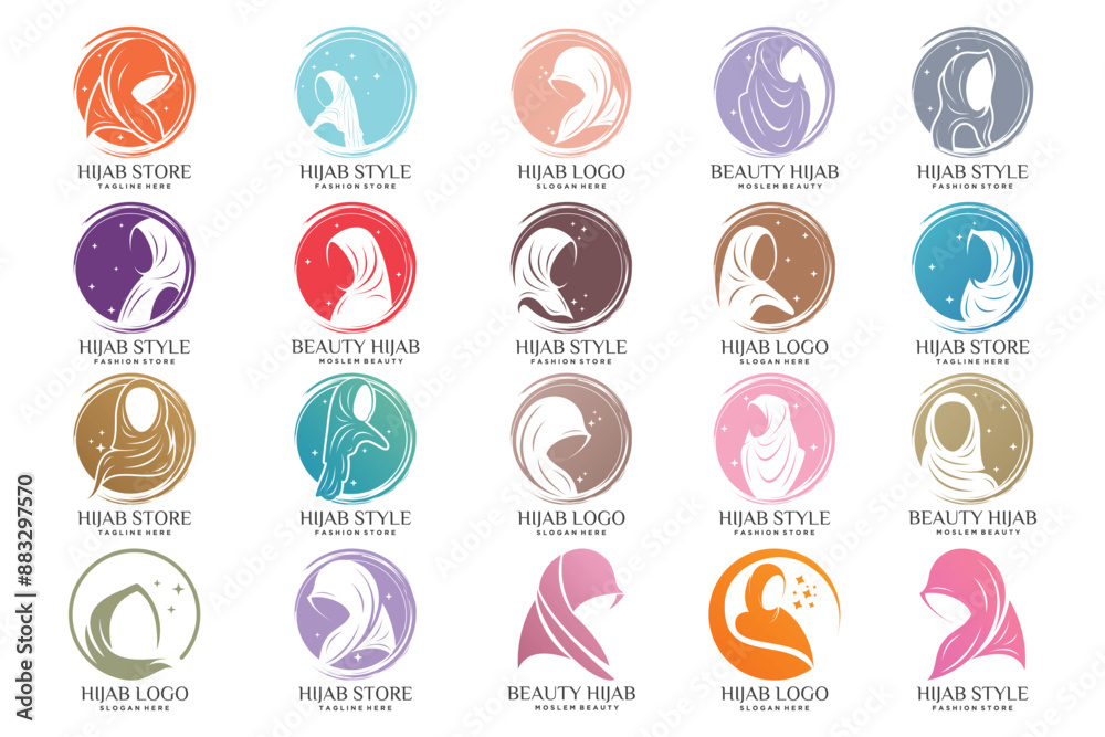 Set bundle hijab style with woman muslim logo design cretive concept Premium Vector