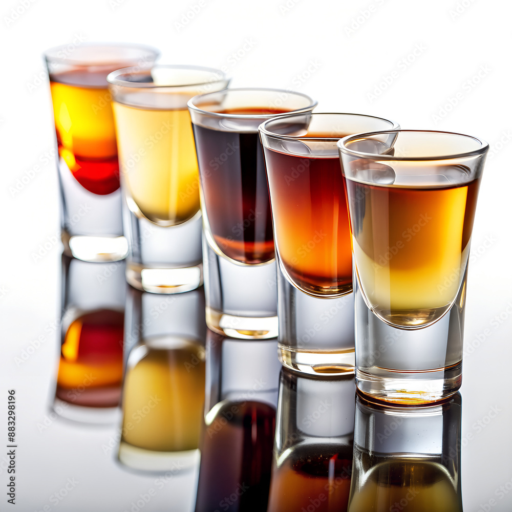 The image showcases six shot glasses containing various alcoholic drinks, arranged in two rows on a reflective surface The image showcases six shot glasses containing various alcoholic drinks, arranged in two rows on a reflective surface