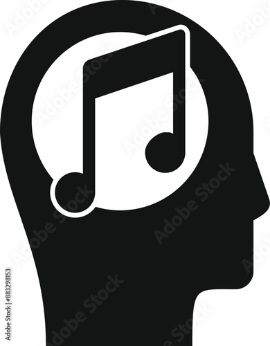 Black silhouette of a human head profile with a musical note inside representing the concept of thinking about music