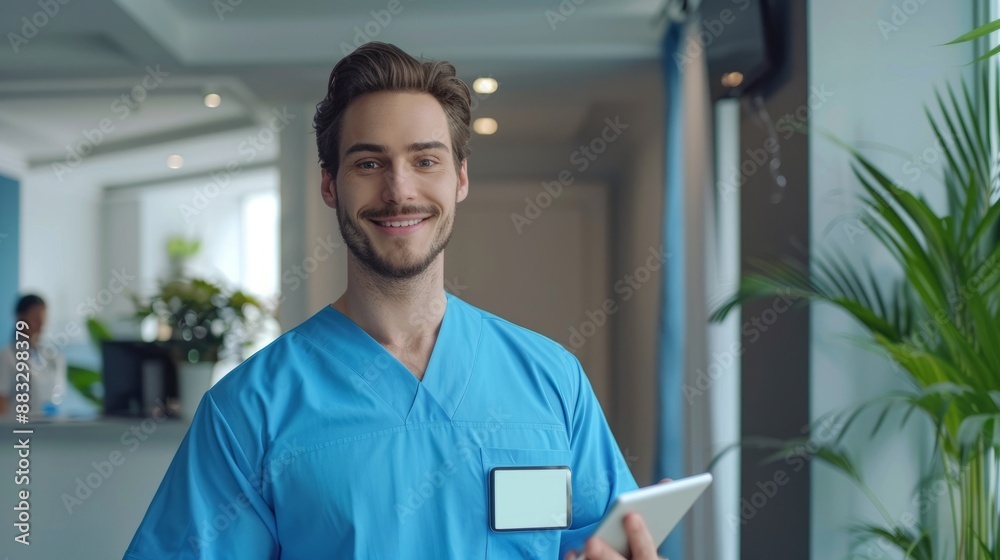 A handsome surgeon holds a tablet to promote medical innovation and modern technology in medical work. A blue surgeon shows modern medical technology and poses for photos A handsome surgeon holds a tablet to promote medical innovation and modern technology in medical work. A blue surgeon shows modern medical technology and poses for photos