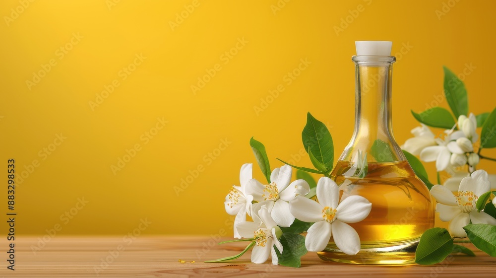 Jasmine Essence, Jasmine flowers with a bottle of essential oil, Natural Aromatherapy Jasmine Essence, Jasmine flowers with a bottle of essential oil, Natural Aromatherapy