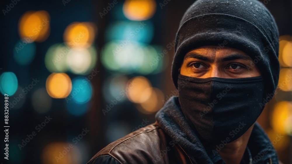 A man wearing a black beanie and face mask stands outside at night, illuminated by colorful bokeh city lights.
A man wearing a black beanie and face mask stands outside at night, illuminated by colorful bokeh city lights.