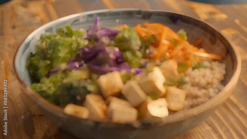 A colorful Buddha bowl filled with a mix of steamed vegetables marinated tofu and buckwheat. A colorful Buddha bowl filled with a mix of steamed vegetables marinated tofu and buckwheat.