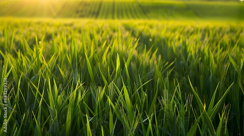Fototapeta premium Beautiful green field of young wheat in the morning at dawn in sunlight landscape, panoramic view. Cereal sprouts close-up in nature. 