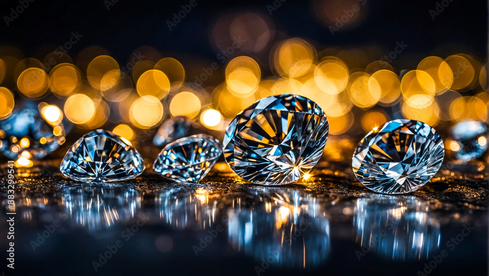 Diamond Group placed on dark blurred background and reflective surface Diamond Group placed on dark blurred background and reflective surface