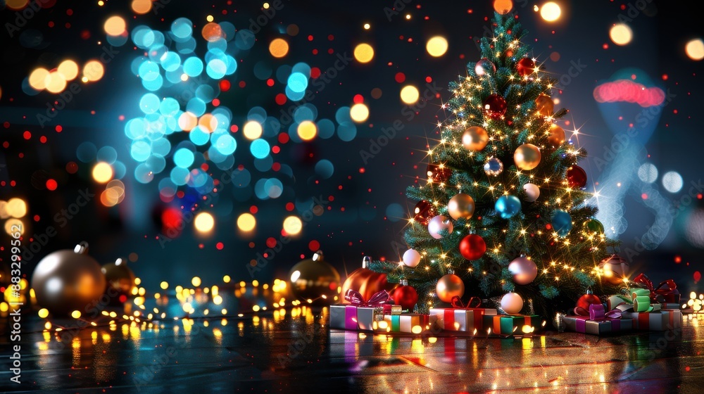 Christmas Tree Sparkle, Decorated tree with lights and ornaments, Festive Holiday Scene, Celebratory Atmosphere. Christmas Tree Sparkle, Decorated tree with lights and ornaments, Festive Holiday Scene, Celebratory Atmosphere.