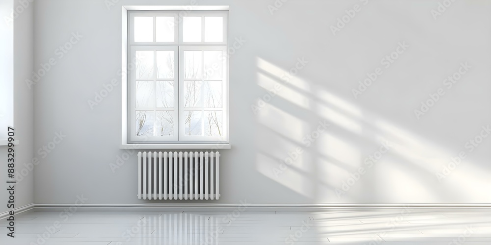 Fototapeta premium Efficient heating in room with radiator near window and heated floor. Concept Heating Solutions, Radiator Placement, Window Insulation, Heated Floor Maintenance