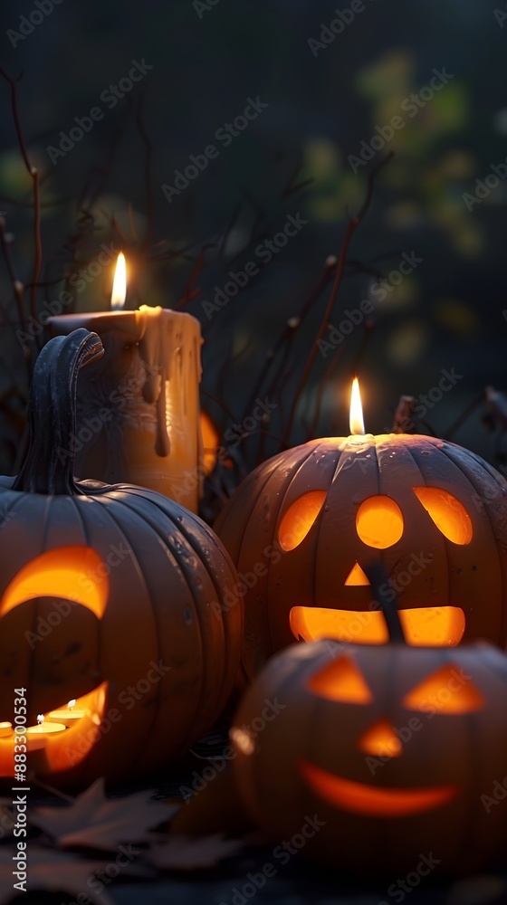 Three carved pumpkins with glowing faces and a melting candle create an eerie, festive ambiance in a dark, outdoor setting surrounded by twigs and leaves. Three carved pumpkins with glowing faces and a melting candle create an eerie, festive ambiance in a dark, outdoor setting surrounded by twigs and leaves.