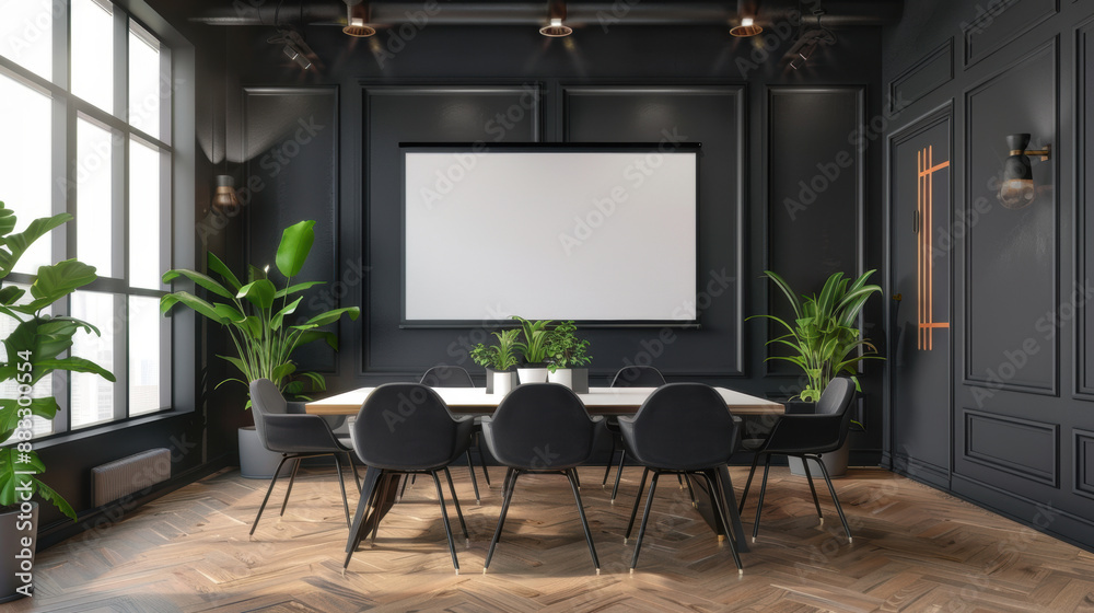 Conference room Office meeting room presentation style Modern sized Small Room screen Frame Mockup white chair grey wall background Warm mood Conference room Office meeting room presentation style Modern sized Small Room screen Frame Mockup white chair grey wall background Warm mood