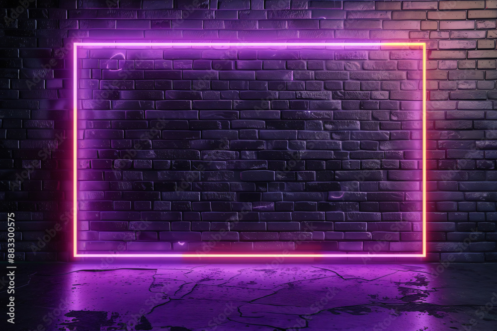 A glowing neon frame with purple light on dark brick wall background, 3d rendering , asymmetrical composition, ultra realistic . A glowing neon frame with purple light on dark brick wall background, 3d rendering , asymmetrical composition, ultra realistic .