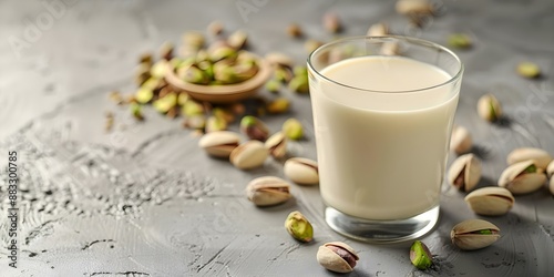 Pistachio milk in glass on white table suitable for vegan diet. Concept Food Photography, Vegan Lifestyle, Nut Milk, Healthy Drinks, Dairy-Free Alternatives photo