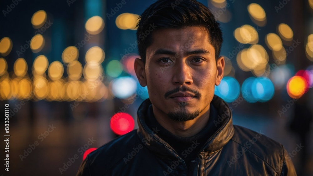 A serious-looking man wearing a jacket stands outdoors at night, illuminated by vibrant city lights and bokeh effects, creating an intense and urban atmosphere.
A serious-looking man wearing a jacket stands outdoors at night, illuminated by vibrant city lights and bokeh effects, creating an intense and urban atmosphere.