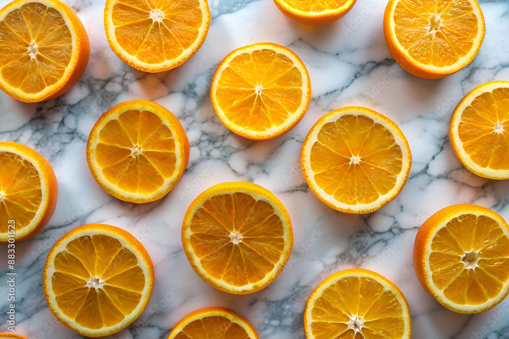A close up of many orange slices on a marble countertop. The slices are arranged in a pattern, with some overlapping and others standing alone. Concept of abundance and freshness A close up of many orange slices on a marble countertop. The slices are arranged in a pattern, with some overlapping and others standing alone. Concept of abundance and freshness