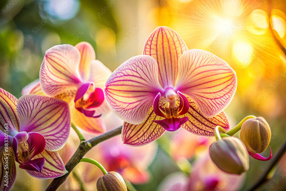 A bunch of pink and yellow flowers with a sun shining on them A bunch of pink and yellow flowers with a sun shining on them