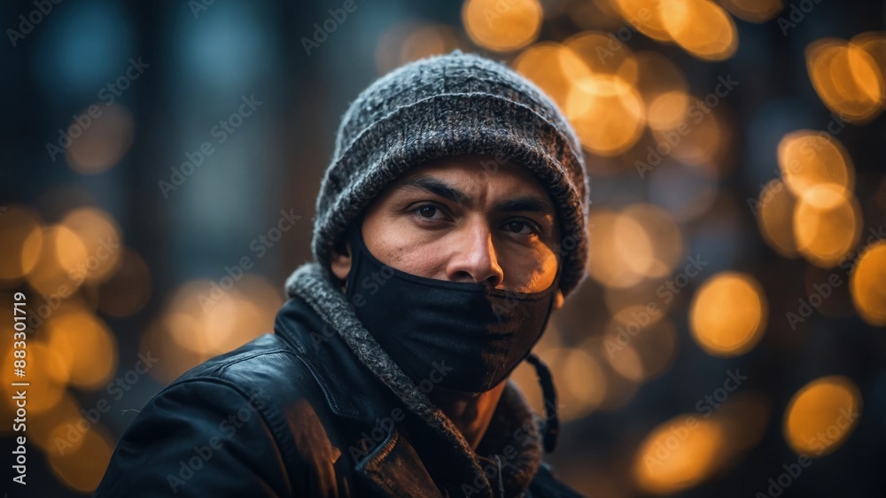 A man wearing a beanie and mask stands outdoors, illuminated by warm bokeh lights, creating a mysterious and intriguing scene.
A man wearing a beanie and mask stands outdoors, illuminated by warm bokeh lights, creating a mysterious and intriguing scene.