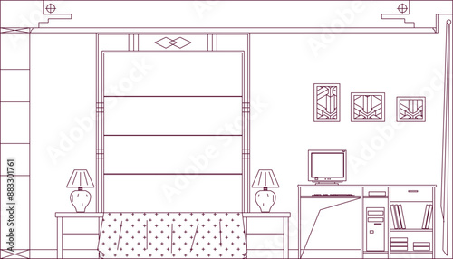 Sketch illustration silhouette vector detailed drawing architectural engineering design interior Beds front view