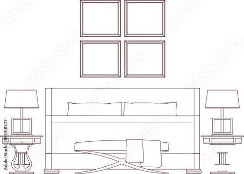 Sketch illustration silhouette vector detailed drawing interior architectural engineering design Beds front view with furniture