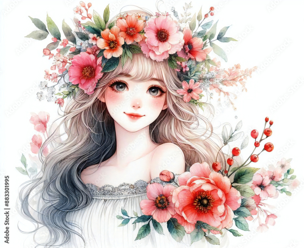 Naklejka premium 花と女性_水彩09