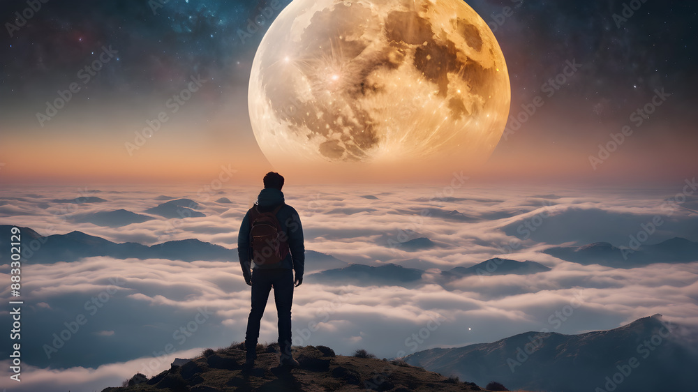 Silhouette of little kids looking at the moon AI generated image, ai. Children sit and look at the evening sky with stars and the moon. Silhouette of little kids looking at the moon AI generated image, ai. Children sit and look at the evening sky with stars and the moon.