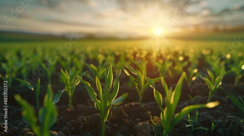 Beautiful green field of young wheat in the morning at dawn in sunlight landscape, panoramic view. Cereal sprouts close-up in nature. 