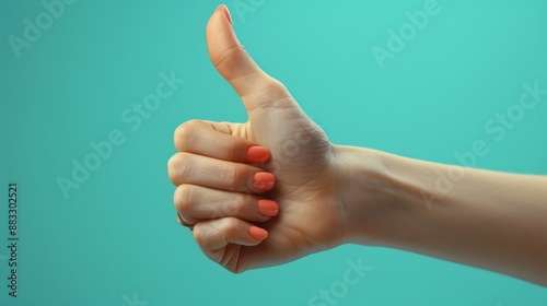 Hand Giving Thumbs Up Gesture with Vibrant Blue Background photo