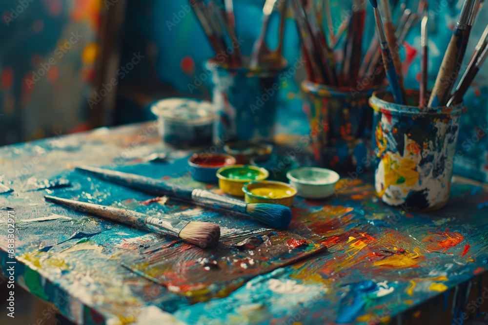 Messy Art Studio Table with Paintbrushes and Colorful Paints Messy Art Studio Table with Paintbrushes and Colorful Paints