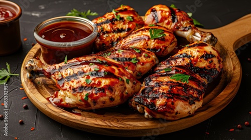 A detailed photo of Grilled Chicken on a wooden platter, perfectly charred, with dipping sauce on the side, realistic photo, cinematography, hyper realistic