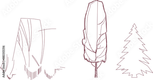 Vector silhouette illustration sketch, detailed artistic unique tree plant design with leaves and twigs for completeness of the image