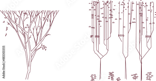 Vector silhouette illustration sketch, detailed artistic unique tree plant design with leaves and twigs for completeness of the image