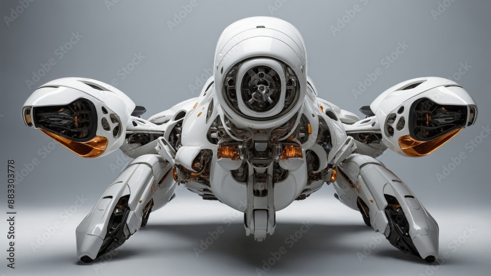 A futuristic robotic spider featuring an advanced, intricate design with white and metallic accents, showcasing cutting-edge technology and engineering.
