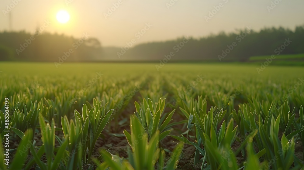 Beautiful green field of young wheat in the morning at dawn in sunlight landscape, panoramic view. Cereal sprouts close-up in nature. Beautiful green field of young wheat in the morning at dawn in sunlight landscape, panoramic view. Cereal sprouts close-up in nature.