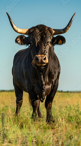 Majestic Bull Standing Dominantly in Open Field With Green Grass and Blue Sky