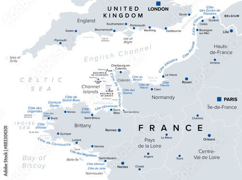 Northern France, touristic names of beaches and coastlines, political map. Coastline of France and United Kingdom along the English Channel, and along a part of Bay of Biscay, with Channel Islands.