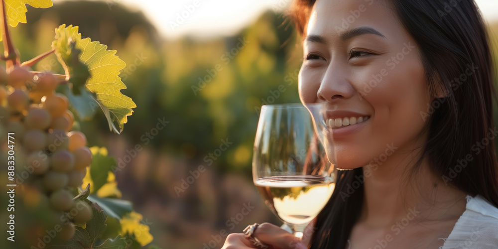 Smiling Woman Enjoying Wine Tasting in Vineyard at Sunset Smiling Woman Enjoying Wine Tasting in Vineyard at Sunset