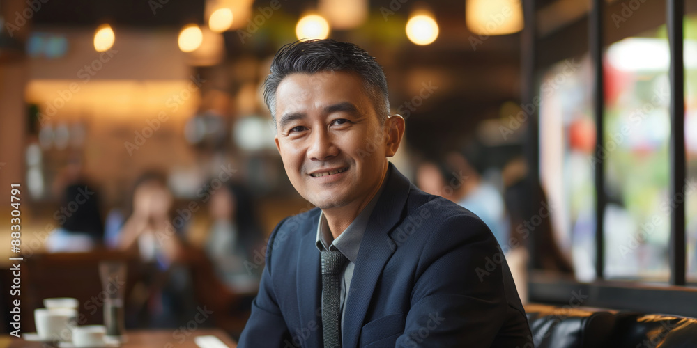 Fototapeta premium Businessman Smiling Confidently in Modern Office Cafe with Bright Lighting