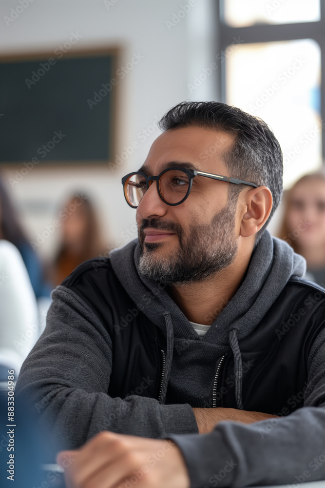 Man with Glasses at Classroom Desk, Engaged in Lecture Man with Glasses at Classroom Desk, Engaged in Lecture