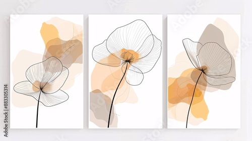 A set of three modern art posters showcasing a continuous line art flower design on a clean white background, perfect for a chic and contemporary decor
