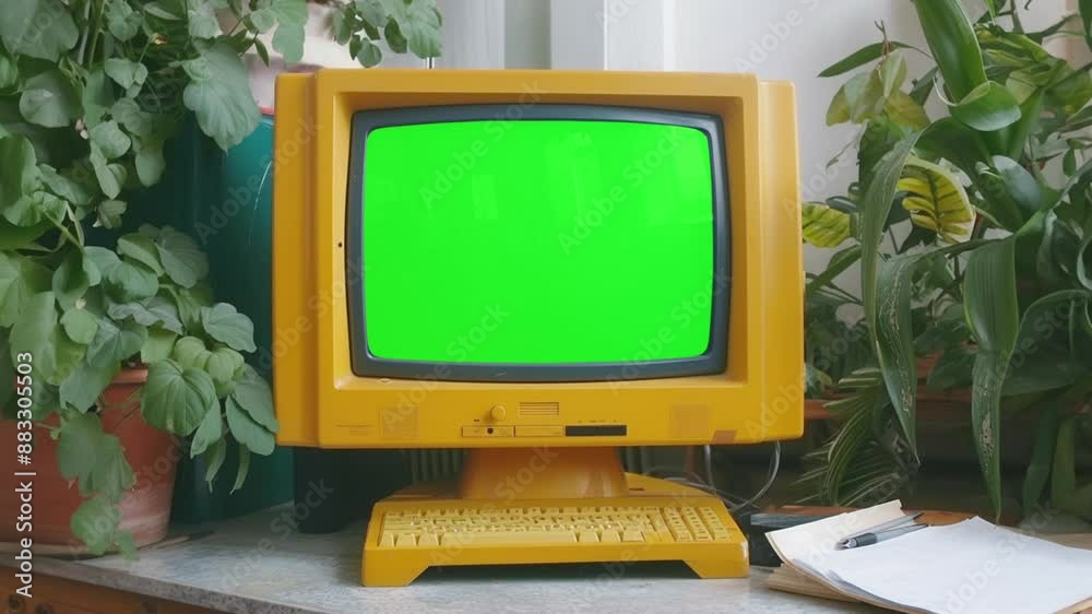 Vintage yellow computer monitor with a green screen, surrounded by indoor plants on a wooden table.
