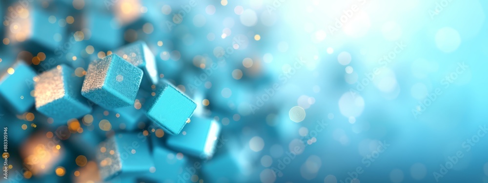 A tight shot of several cobalt cubes against a backdrop of blue and white Background features indistinct, illuminated by hazy light A tight shot of several cobalt cubes against a backdrop of blue and white Background features indistinct, illuminated by hazy light
