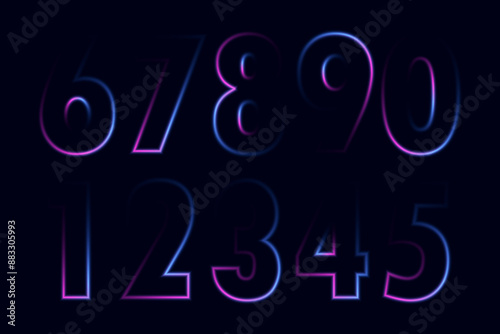 3d number collection of neon numbers from one to nine, digital symbols glowing in ultraviolet light
