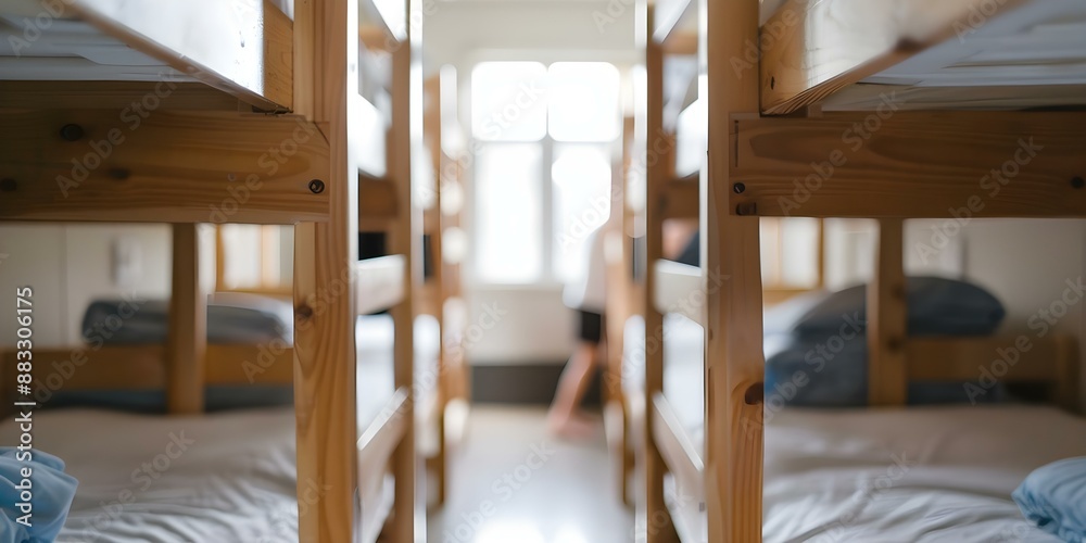 Young travelers in college dormstyle room backpacking in youth hostel bunk beds. Concept Traveling on a budget, Youth hostel experience, College backpackers, Dormitory accommodation Young travelers in college dormstyle room backpacking in youth hostel bunk beds. Concept Traveling on a budget, Youth hostel experience, College backpackers, Dormitory accommodation