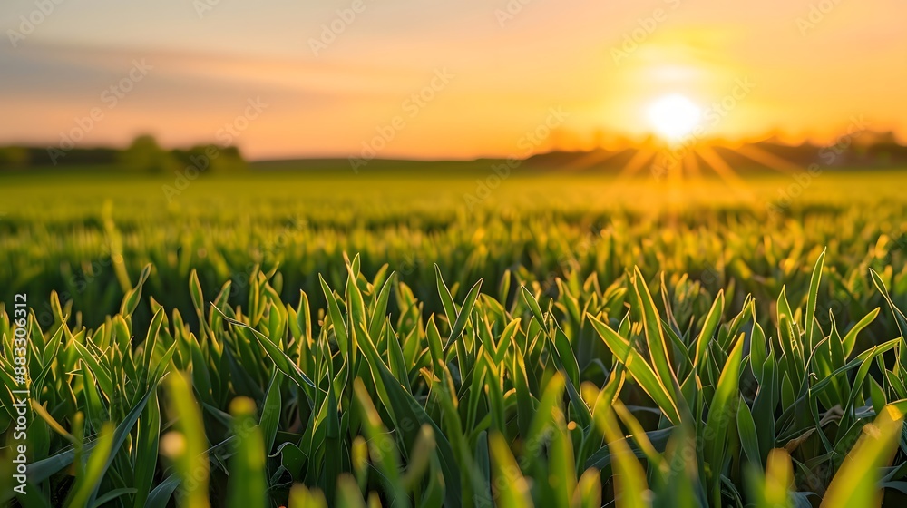 Fototapeta premium Beautiful green field of young wheat in the morning at dawn in sunlight landscape, panoramic view. Cereal sprouts close-up in nature. 